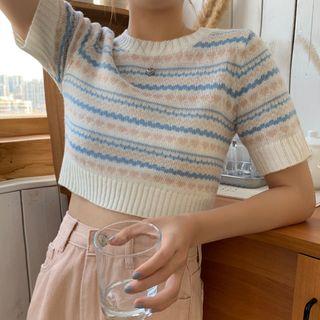 Printed Short-sleeve Knit Crop Top White - One Size