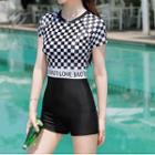 Short-sleeve Checkered Panel Swimsuit