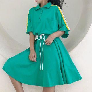 Drawstring Elbow-sleeve Polo Shirt Dress