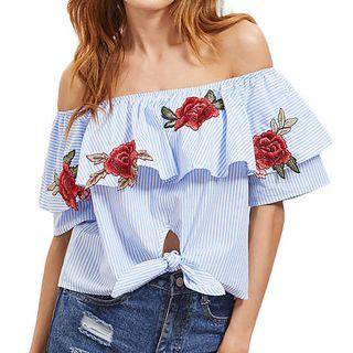 Flower Embroidered Striped Off Shoulder Elbow Sleeve Top