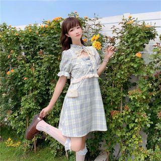 Plaid Cutout Mini A-line Dress Plaid - Blue - One Size