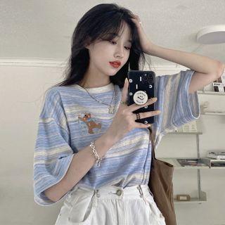 Elbow-sleeve Striped Bear Embroidered T-shirt