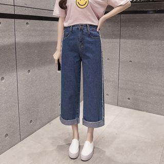 Furry Trim Cropped Wide-leg Jeans