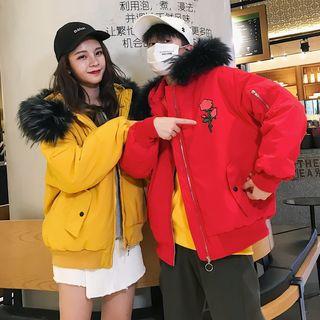 Couple Matching Printed Furry Hood Padded Jacket