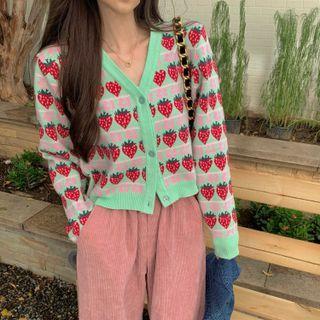 Strawberry Print Cardigan Green - One Size