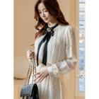 Tie-neck Lace-sleeve Pleated Blouse