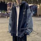 Denim Panel Lettering Zip-up Hoodie