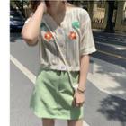 Flower Embroidered Short-sleeve Cardigan / A-line Skirt