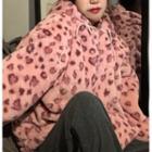 Leopard Print Hooded Fleece Jacket Pink - One Size