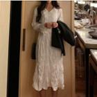 Embroidered V-neck Long-sleeve A-line Dress White - One Size