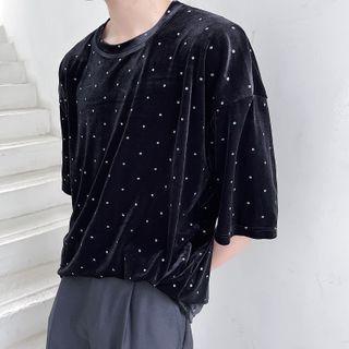 Short-sleeve Rhinestone Velvet Top