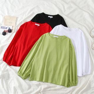 Round-neck Plain Puff Long-sleeve Top