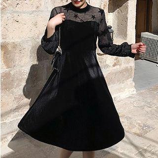 Long-sleeve Mesh Panel Pleuche A-line Dress