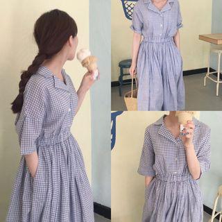Button Front V-neck Checked Maxi Dress
