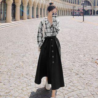 Long Sleeve Plaid Panel Midi A-line Shirtdress