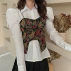 Set Of 2 : Asymmetrical Flower Print Suspender Top + Plain Princess Sleeve Shirt White - One Size