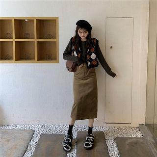 Sweater / Argyle Button Knit Vest / Midi A-line Skirt