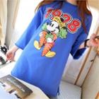 Elbow-sleeve Mickey Mouse Print T-shirt