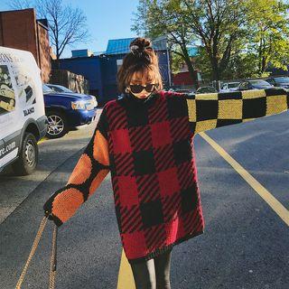 Patterned Panel Mock Neck Long Sleeve Knit Dress