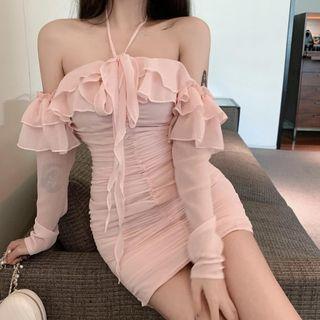 Set: Halter Ruffle Trim Mini Sheath Dress + Arm Sleeves