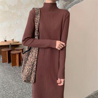 Turtleneck Long-sleeve Plain Midi Dress