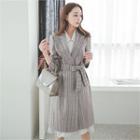 Snap-button Stripe Long Jacket With Sash
