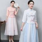 3/4-sleeve Traditional Chinese Embroidered Top / Midi Skirt