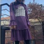 Tie-neck Long-sleeve Chiffon Dress Purple - One Size