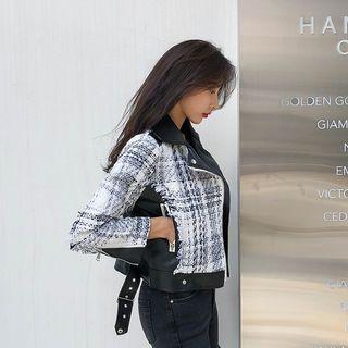 Tweed-panel Pleather Biker Jacket