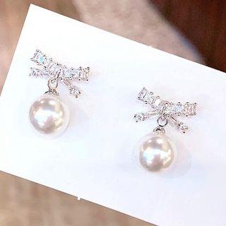 Faux Crystal Bow Faux Pearl Dangle Earring 1 Pair - As Shown In Figure - One Size