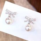 Faux Crystal Bow Faux Pearl Dangle Earring 1 Pair - As Shown In Figure - One Size