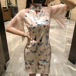 Traditional Chinese Elbow-sleeve Paneled Floral Sheath Dress