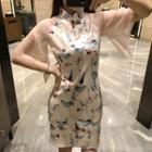 Traditional Chinese Elbow-sleeve Paneled Floral Sheath Dress