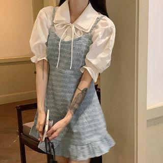 Puff-sleeve Collar Blouse / Mini A-line Overall Dress / Set