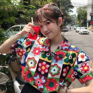 Short-sleeve All Over Flower Shirt As Shown In Figure - One Size