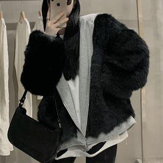 Mock Two-piece Hooded Faux-fur Jacket