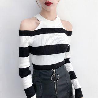Long-sleeve Mock Neck Cold-shoulder Striped Knit Top