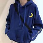 Moon Embroidered Hoodie Dark Blue - One Size