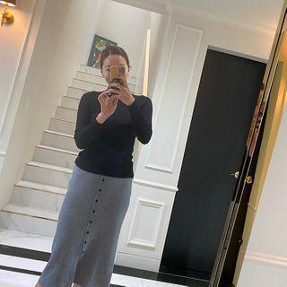 Set: Mock-neck Slim Knit Top + Buttoned Skirt