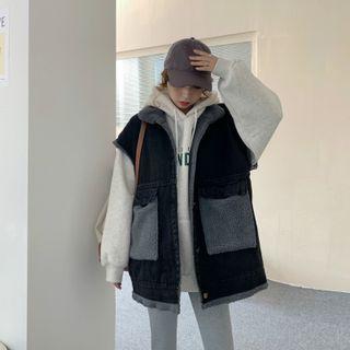 Fleece Panel Denim Vest Black - One Size