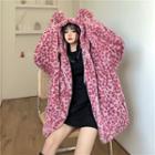 Ear Accent Hooded Leopard Print Zip Jacket Pink - One Size