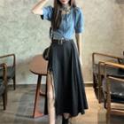 Short-sleeve Denim Blouse / Slit Midi A-line Skirt