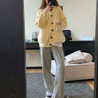 Ribbed Knit Cardigan / Wide Leg Pants / Set