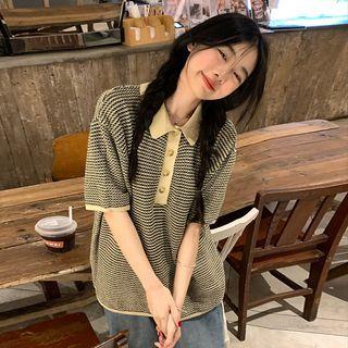 Short-sleeve Striped Knit Polo Shirt Black & Yellow - One Size