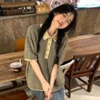 Short-sleeve Striped Knit Polo Shirt Black & Yellow - One Size