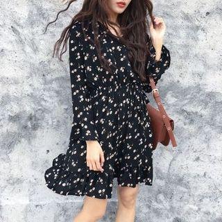 Long-sleeve Floral Printed A-line Dress