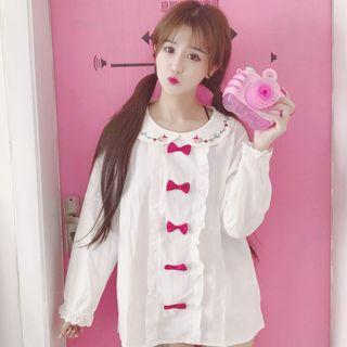 Ribbon Accent Long-sleeve Blouse White - One Size