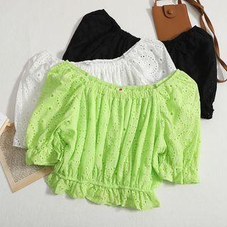 Short-sleeve Off-shoulder Eyelet Lace Cropped Blouse