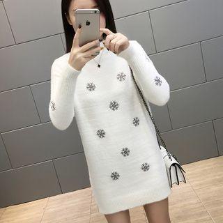 Mock Neck Snowflake Embroidered Mini Sweater Dress
