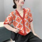 Short-sleeve Floral Cropped Cardigan Tangerine Red - One Size